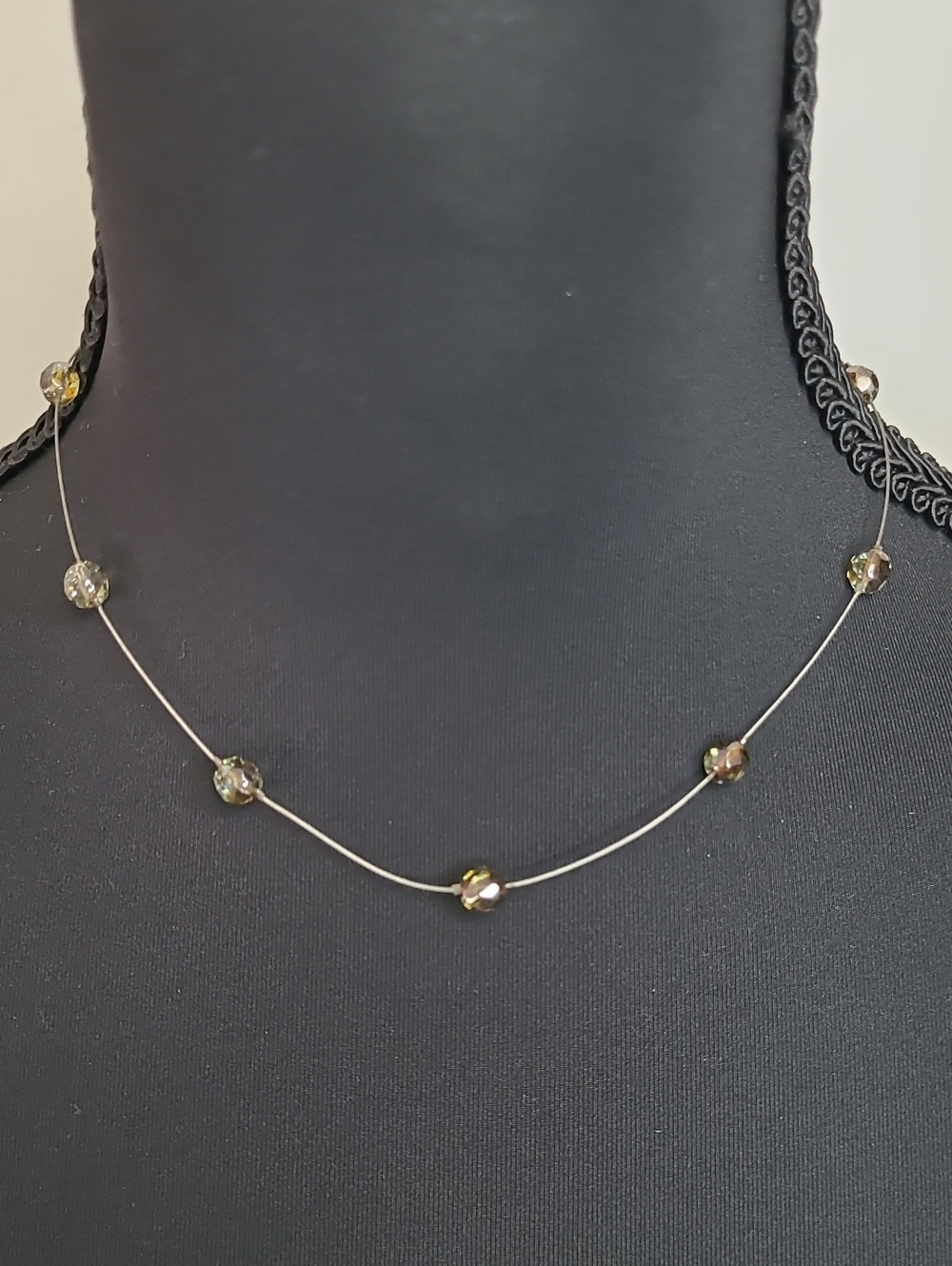 231 - Delicate Olive-Green Bead Necklace on Silver Wire (Clasp has 925 mark)